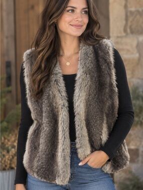 Denim 24/7 Women Brown Gray Shaggy Faux Fur Vest Plus Size 14W Boho Cozy Fall